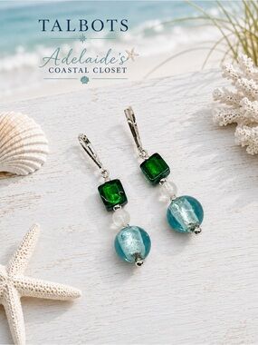 Talbots Bold Beauty Green Aqua Glass Bead Dangle Earrings Silver